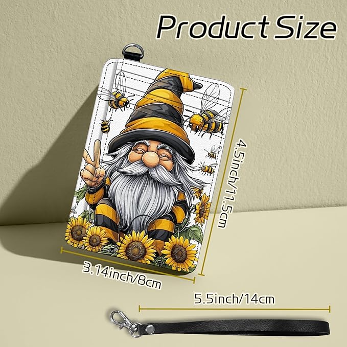 Small Travel Wallets, Bee Dwarf Sunflower Slim Minimalist Front Pocket Wallet with Wristlet, RFID Blocking PU Leather Credit Card Holder with ID Window Change Purse for Men Women