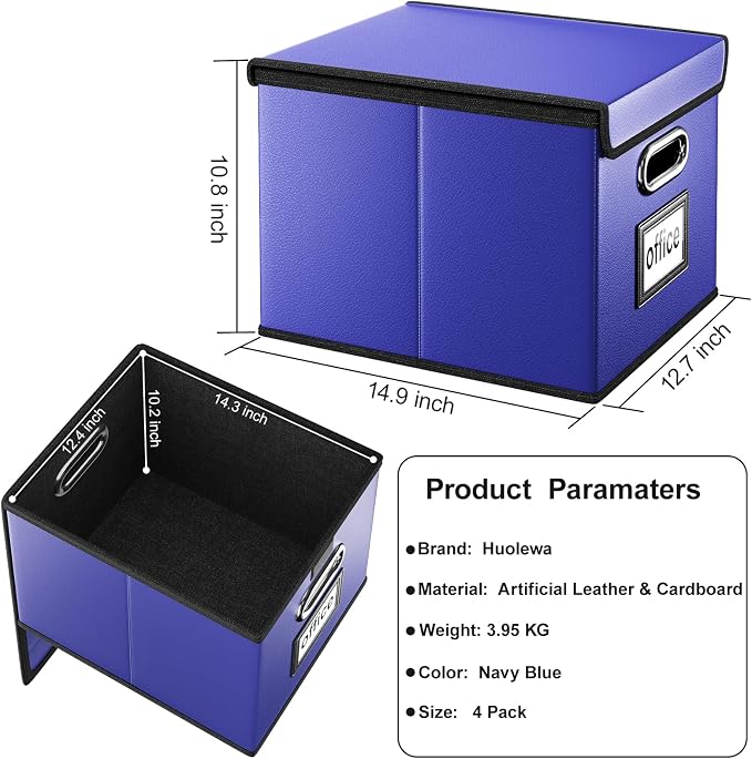 Decorative Leather File Organizer Storage Boxes with Lids Set of 4, Document Boxes Organizer, Filing Boxes, Decorative Small File Boxes for Hanging Files, File Cabinet for Office/Home - 4 Pack