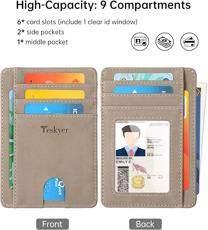 Teskyer Slim Wallet for Men, Minimalist Front Pocket RFID Blocking Leather Wallet Credit Card Holder for Men & Women