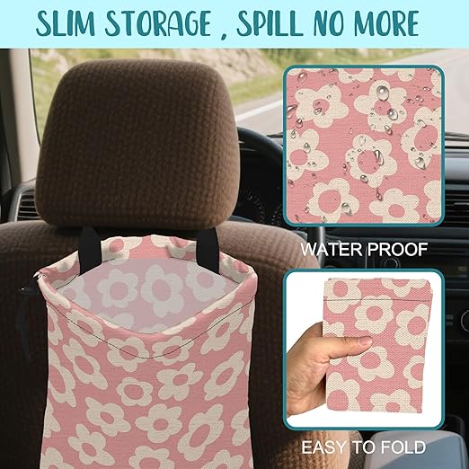 Car Garbage Bag Vintage Pink Groovy Flowers Drawstring Car Trash Bag Hanging for Back Seat with Adjustable Buckle Canvas Vehicle Trash Can Easy-to-Install
