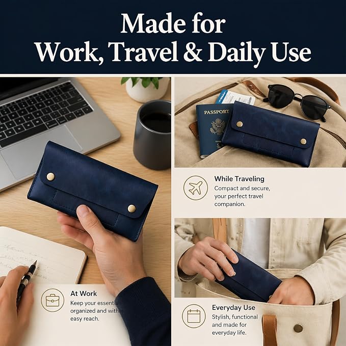 Leather Currency Pouch - Handmade Cash Organizer with Double Button Closure & Zipper Pocket, Compact Money Holder for Travel & Everyday Use, 4 x 8 Inch (Blue)