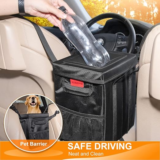 Hanging Car Trash Bag with Lid, Collapsible Garbage Bag with Pockets, Car Garbage Can for Central Control Leak-Proof Storage Organizer Box 1.76 Gallon Capacity Multipurpose Trash Bin