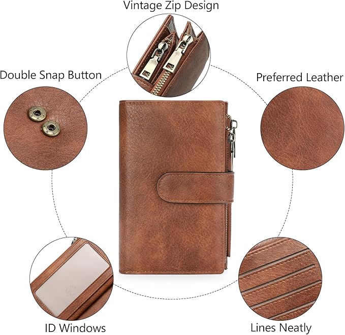 GOIACII Womens Wallets RFID Blocking Leather Trifold Clutch Wallet Credit Card Holder Ladies Purse 3 ID Windows Brown