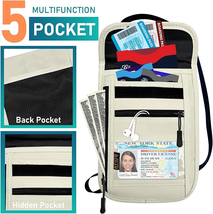 Travel Neck Wallet & RFID Blocking Sleeves for Men and Women, Neck Money Pouch Anti Theft Travel Document Organizer with Adjustable Strap - Beige