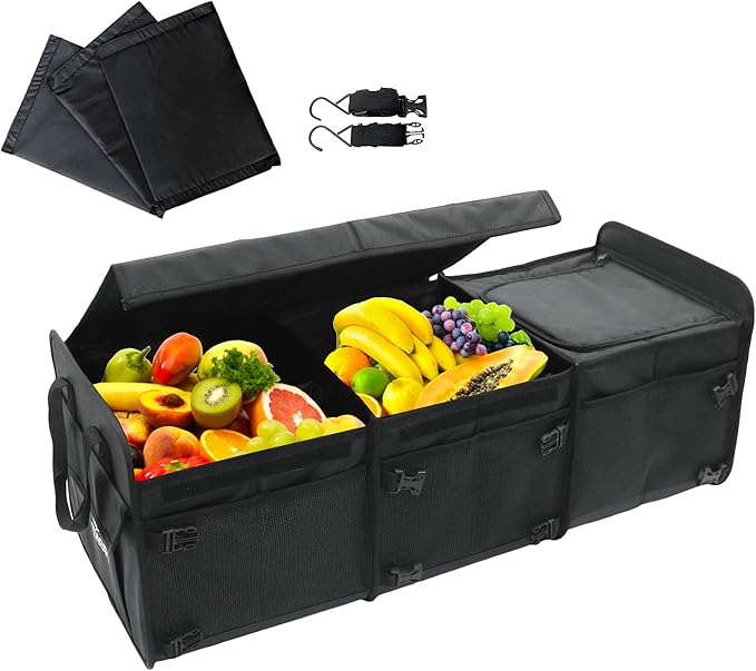 Tuff Viking Convertible Large 3 Compartment SUV Trunk Organizer with Cover | Truck Bed Organizer | for Trucks, Cars, SUVs and Groceries with Tie Down Straps. (6 in 1 with Cover, Black)