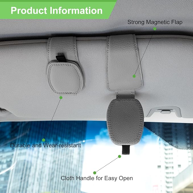 2 Pack Magnetic Leather Sunglasses Holder for Car，Car Visor Accessories and Ticket Card Clip，Fit Different Size Eyeglasses (Grey)