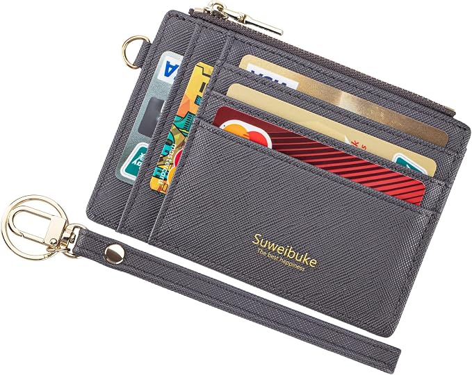 Wikavanli Women Slim Rfid Blocking Credit Card Case Holder Wristlet Zip ID Case Wallet Small Compact Leather Wallet Coin Purse with Keychain (Gray a)