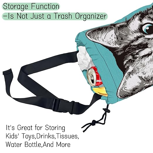 Cute Cat Car Trash Bag,Kitten Blow Bubble Gum Hanging Drawstring Car Garbage Bag,Waterproof Canvas Car Back Seat Organizer with Adjustable Buckle,for Vehicles,SUVs,Camping,Road Trips