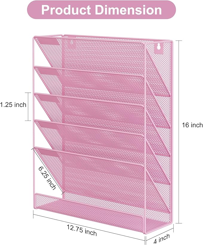 EasyPAG 5 Tier Wall File Holder, Mesh Hanging Folder Organizer with Classify Label, Versatile Desk File Holder, Vertical Wall Mounted Mail Organizer for Office Home Cubicle, Pink