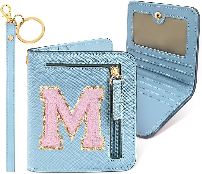 COSHAYSOO Personalized Easter Basket Stuffer Gifts Birthday Presents RFID Wallet Tween Girl Trendy Stuff Preteen Girls Gifts 8-10 10-12 Blue Small Mini Wallet Preppy Chenille Letter M
