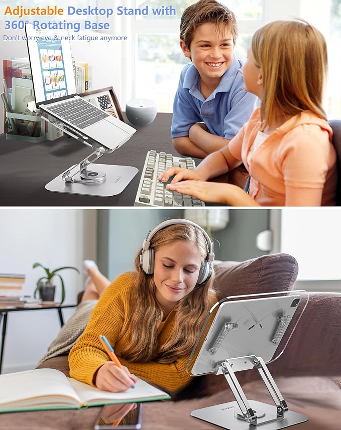 ACIsland Acrylic Book Stand for Reading-Adjustable Holder with 360° Rotating Base & Page Clips- Foldable Desktop Ricer for displaying Cookbook-Sheet Music-Laptop-Recipe-Textbook-Hands Free-Aluminium