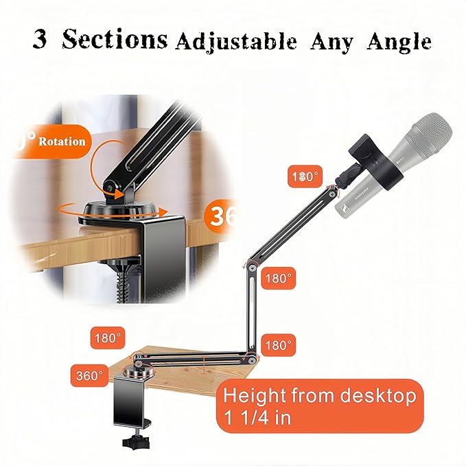 Low Profile Mic Boom Arm Stand 360° Rotatable Adjustable Compact and Foldable Table Microphone Arm Holds 2.5kg with 3/8" to 5/8" Screw Adapter for Game Streaming Podcast Broadcast (C Clamp Mount)