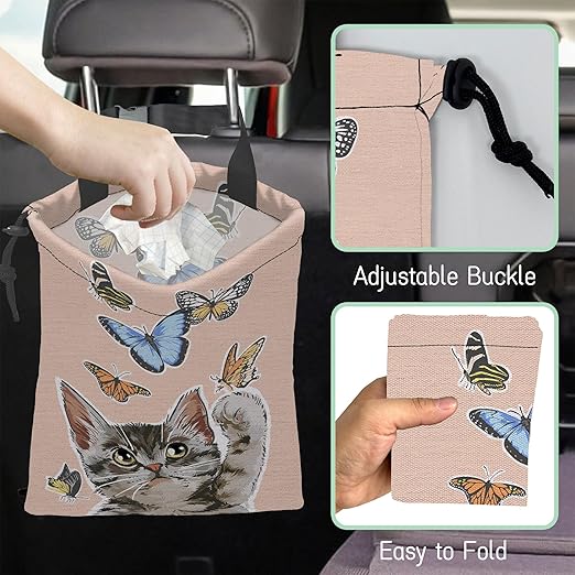Cute Cat Car Garbage Bag,Flying Butterflies Waterproof Small Car Trash Bag Hanging Back of Seat,Drawstring Hanging Car Trash Bag with Adjustable Buckle for Car Accessories