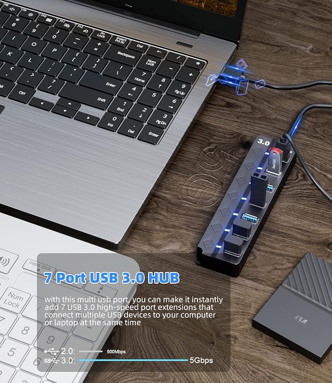 USB Hub 3.0, Eanetf 7 Port USB hub with LED Individual On/Off Switches and Extended Long Cable for MacBook, Mac Pro, Mac mini, iMac, Surface Pro, XPS, PC - 4ft