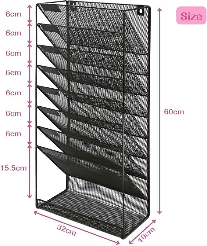 8 Pockets Mesh Wall File Holder Organizer with Bottom Flat Tray, Office Hanging File Folder Magazine Rack, Nametag Label Hooks Set Included, Black