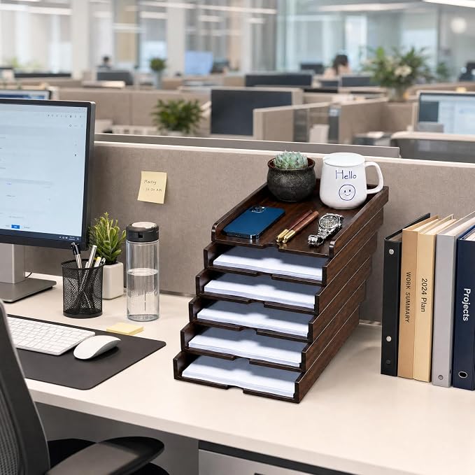 6 Tier Solid Wood Desktop File Organizer, Pull Out Stackable Paper Tray, Multi-use Desk Storage for A4 Documents, Folders, Mail, Bills, Tablet and Phone, Home Office Supplies Organizer