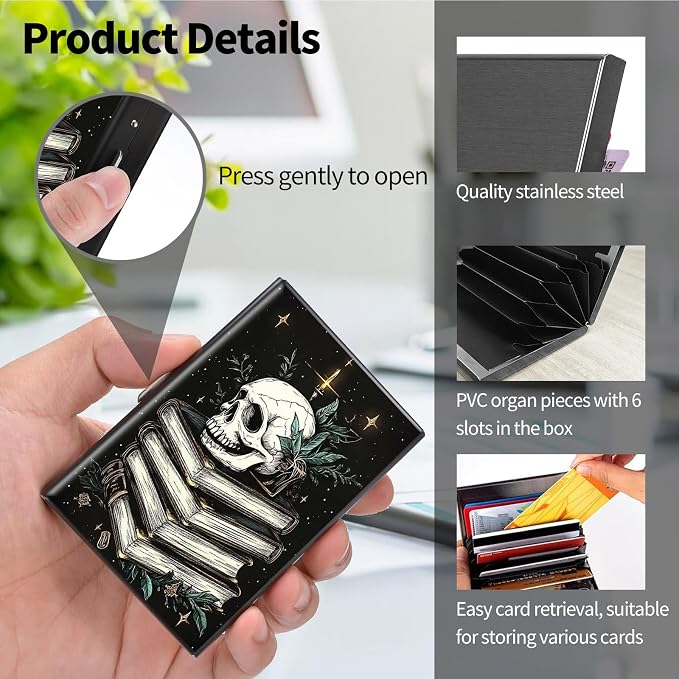 Metal Wallet, Credit Card Holder for Women Men Girls, RFID Blocking Aluminum Wallet Slim Hard Case, Mini Travel Wallet, ID Card Holder Business Card Case,Skull Books