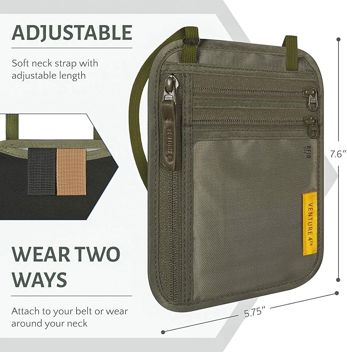 VENTURE 4TH RFID Blocking Travel Neck Wallet - Security Neck Pouch Passport Holder with Nylon Lining (Green)