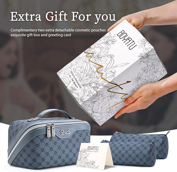 BOYATU Travel Makeup Bag Cosmetic Bags for Women: 3 Pcs Set Large Capacity Make up Bag with Handle - Vegan Leather Toiletry Bags with Compartments - Makeup Organizer for Travel Essentials(A-4-Blue)