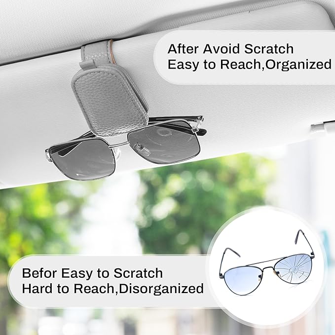 SINGARO Sunglasses Holder for Car, Leather Magnetic Buckle Sun Visor Sunglass Clip, Ticket Card Storage Glasses Clip, Car Interior Accessories for Men and Women（2PCS Gray）