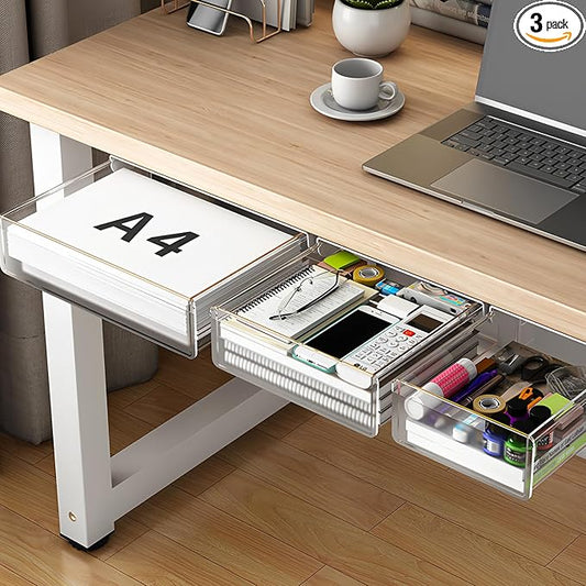 SVNNELP Under Desk Table Drawer Storage Organizer,3 Pack Small & Medium & Large Slide Out Desk Drawers - Hidden Desktop Organizer,Adhesive Storage Pencil Tray Under Table(Clear/LMS)
