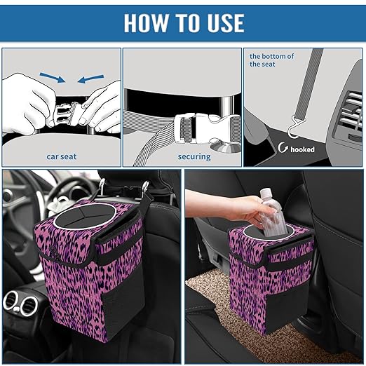 Car Trash Can Purple Pink Black Leopard Auto Garbage Bag Car Trash Can with Lid Leak-Proof Car Storage Bag Auto Garbage Bag Hanging for Headrest Collapsible and Portable with Storage Mesh Pocket