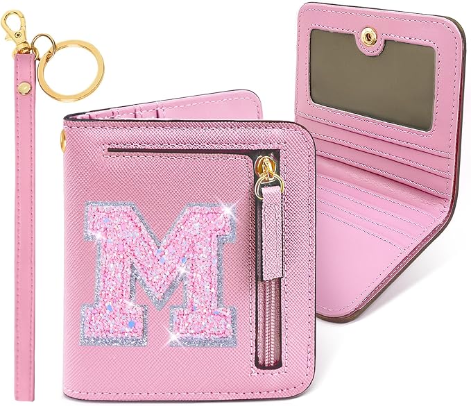 COSHAYSOO Initial Letter Wallet Small RFID Blocking Birthday Appreciation Easter Gifts for Sister Teenager Girls Women Tween Preteen Preppy Trendy Cute Stuff Travel Essentials Pink M