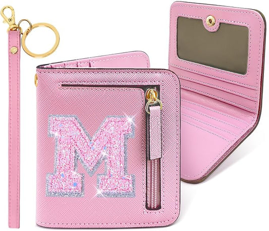 COSHAYSOO Initial Letter Wallet Small RFID Blocking Birthday Appreciation Easter Gifts for Sister Teenager Girls Women Tween Preteen Preppy Trendy Cute Stuff Travel Essentials Pink M