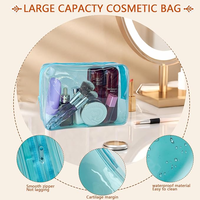 Waterproof PVC Makeup Bag - Leakproof Cosmetic Organizer for Travel Toiletry Storage 9.84×7.09×2.36 Inch for Women & Men (Sky Blue)
