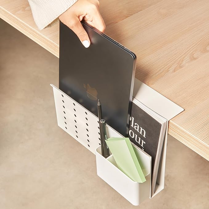 GAROOD Laptop Side Storage Vertical Stand Under Desk top Storage Clamp On Desktop Shelf Hanging Desk Organizer Computer Mount Side Table Organizer Caddy Book Caddy - One Tier White