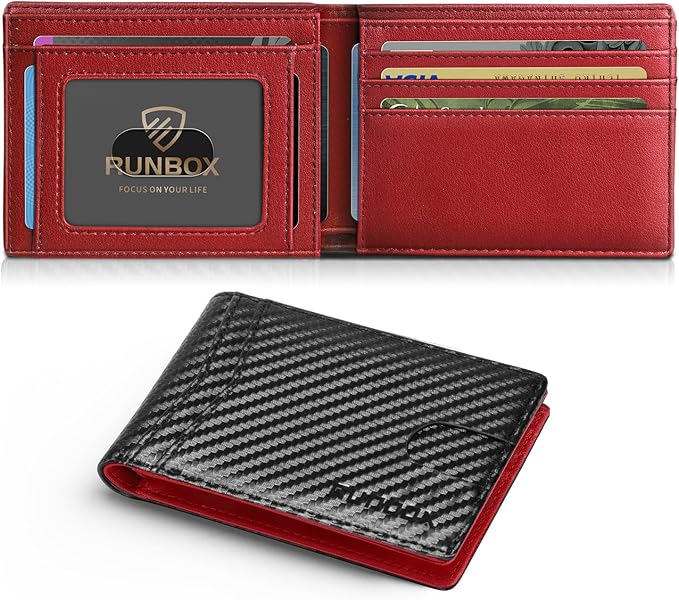 RUNBOX Wallet for Men Slim Leather Bifold RFID Blocking Minimalist Front Pocket Design with Gift Box