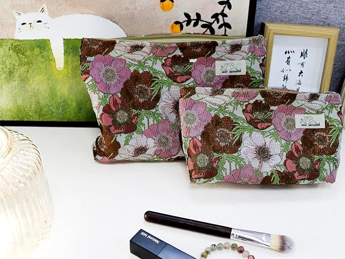 HAPPYHEIDI Makeup Bag Set 3 Cosmetic Toiletry Organizer Zipper Pouch for Purse Tote, Women Girls Gift, Large Medium Small, Red Floral Jacquard Polyester