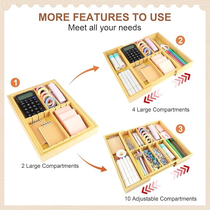 TREWAVE Bamboo Desk Drawer Organizer, Expandable Drawer Organizer Tray with Adjustable Dividers, Wooden Storage Organizers for Office Supplies, Crafts, Makeup & Kitchen Cutlery, 12.6" - 15.6" Wide