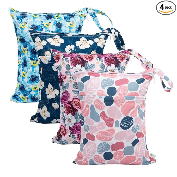 babygoal Wet Dry Bags for Baby Cloth Diapers, Washable Travel Bags, Beach, Pool, Gym Bag for Swimsuits & Wet Clothes with Two Zippered Pockets 4 Pack, 4LN14