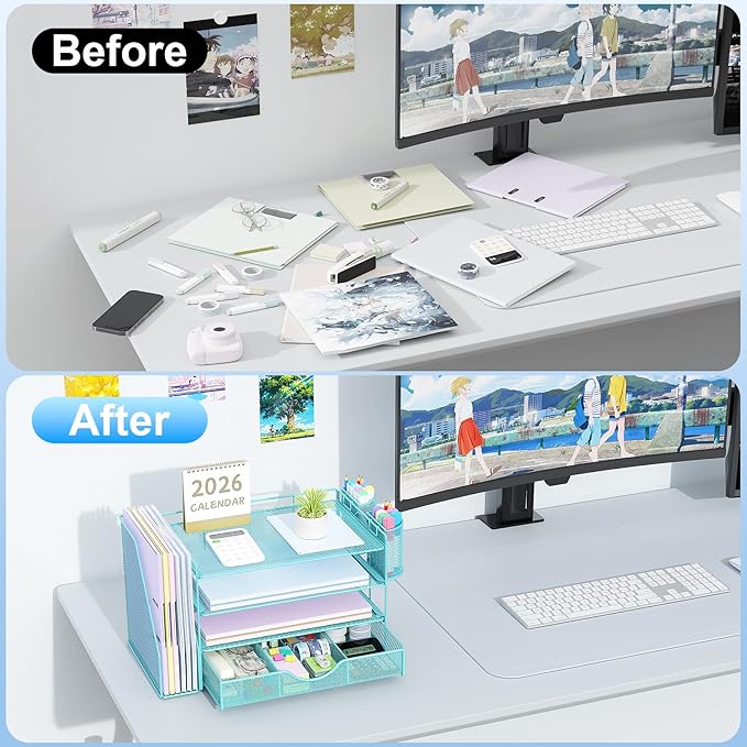 gianotter 4-Tier Paper Letter Tray + Monitor Stand with Storage (Blue)
