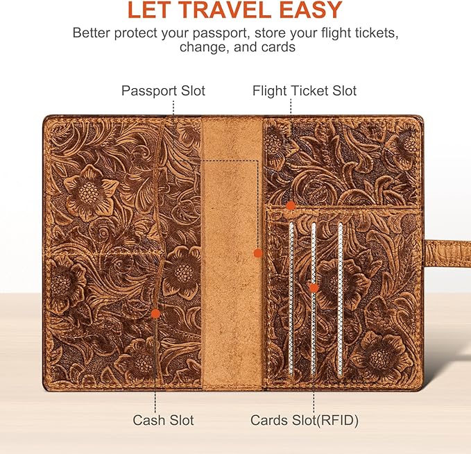 Genuine Leather Passport Holder Travel Bifold Wallet For Men And Women Slim RFID Blocking Brown