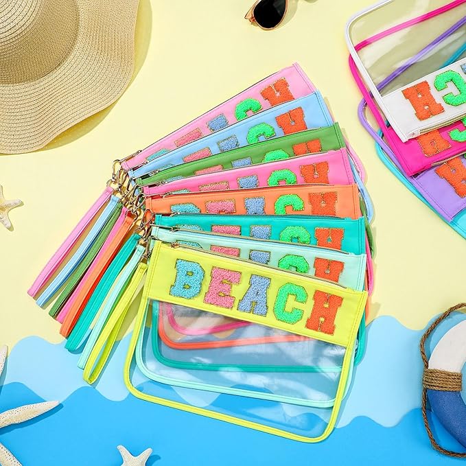 Abbylike 12 Pcs Clear Snack Bags Chenille Letter Beach Zipper Pouch Waterproof PVC Large Travel Makeup Cosmetic Storage Organizer Bag for Mom Team Cheerleaders Teacher (Multicolor)