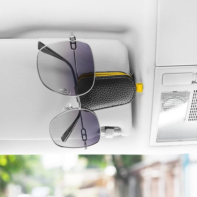 SINGARO Sunglasses Holder for Car, Leather Magnetic Buckle Sun Visor Sunglass Clip, Ticket Card Storage Glasses Clip, Car Interior Accessories for Men and Women（Black-Yellow）