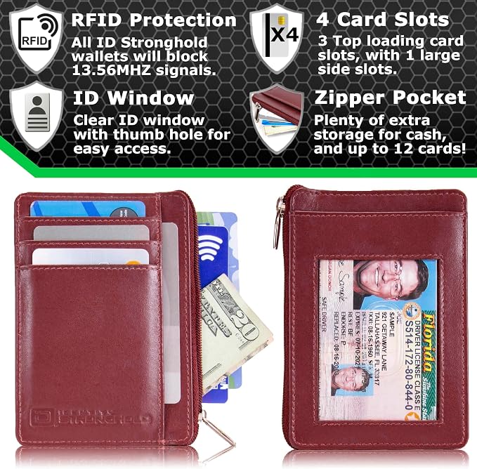 ID STRONGHOLD RFID Front Pocket Wallet Mini Minimalist Wallet Slim Wallet Genuine Leather with Zipper , Red , Small