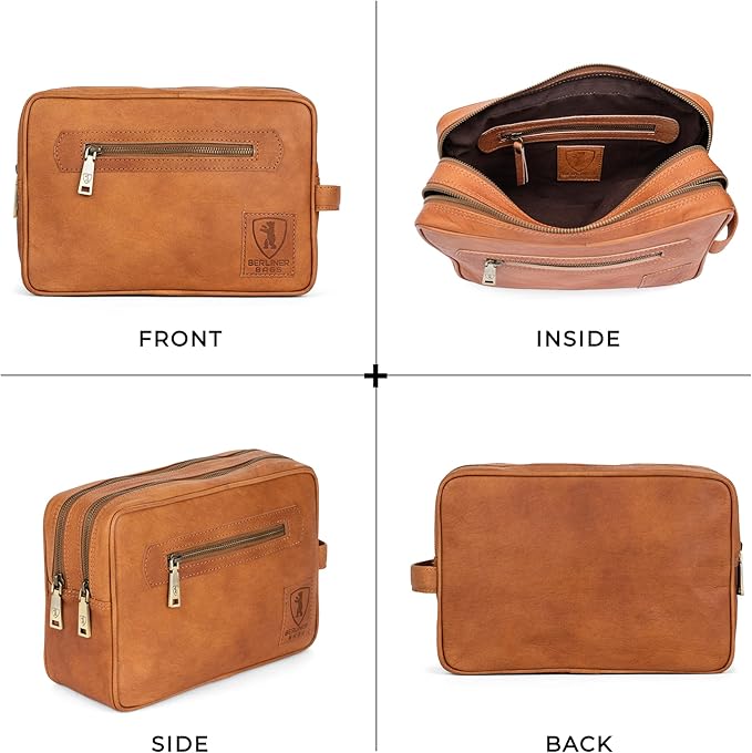 BERLINER BAGS Vintage Genuine Leather Toiletry Bag Paul, Two Zippered Compartments, Large Capacity Cosmetics Bag for Men and Women for Travel - Brown (2 Compartments)