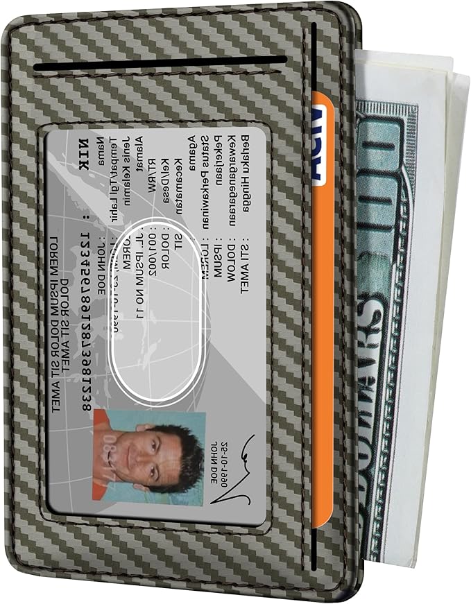 Travelambo Front Pocket Minimalist Leather Slim Wallet RFID Blocking Carbon Fiber Texture