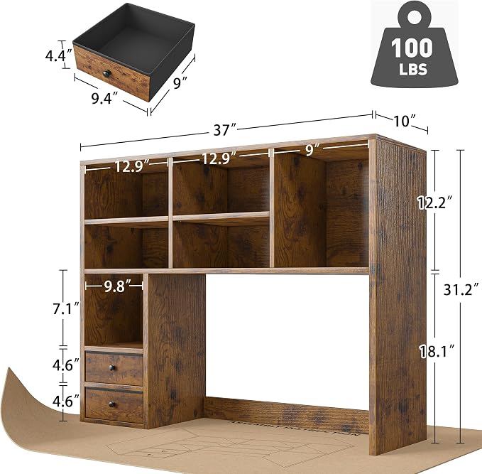 REIBII Desktop Bookshelf, High-Capacity Desk Hutch Organizer with 7 Shelves and 2 Drawers, Adjustable Bookshelf Storage, Desk Shelf for Top of Desk, Desk Hutch Dorm, Rustic Brown