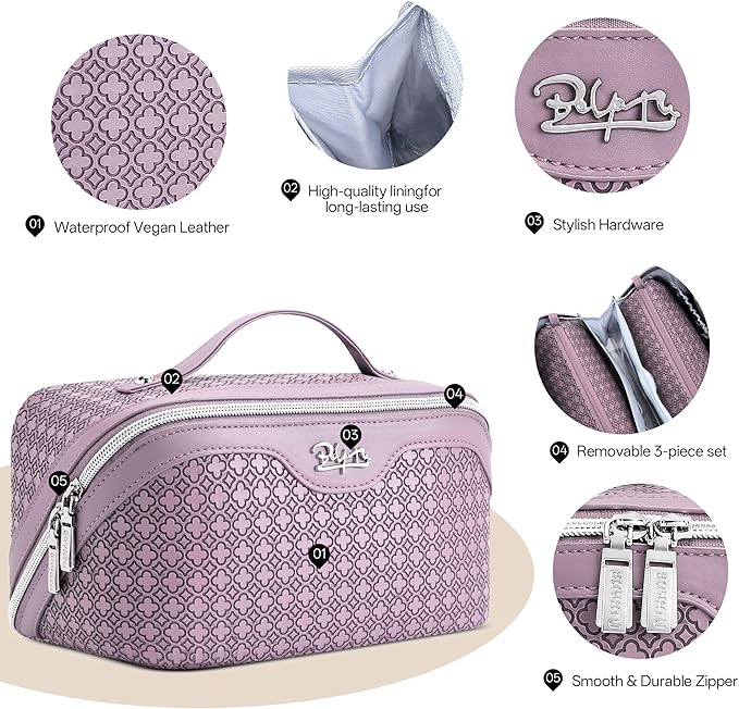 BOYATU Travel Makeup Bag for Women: Four Leaf Clover Large Capacity 3 Pcs Set Cosmetic Bags - Waterproof 50% Extra Space for Toiletry Organizer - Travel Essentials for Fortunate (02 Purple)