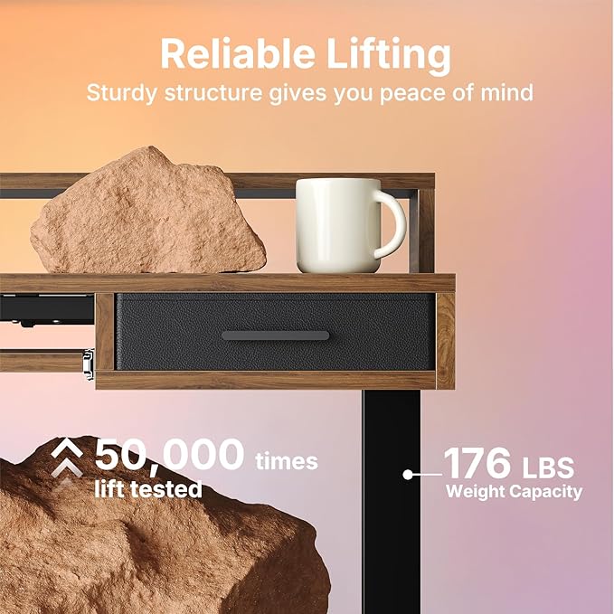 HUANUO 63″ x 26″ Electric Standing Desk with 2 Drawers &24.4″ Large Keyboard Tray, C-Clamp Mount Compatible, Adjustable Computer Desk for Office, Sit Stand Up Desk with 4 Height Presets, Deep Walnut