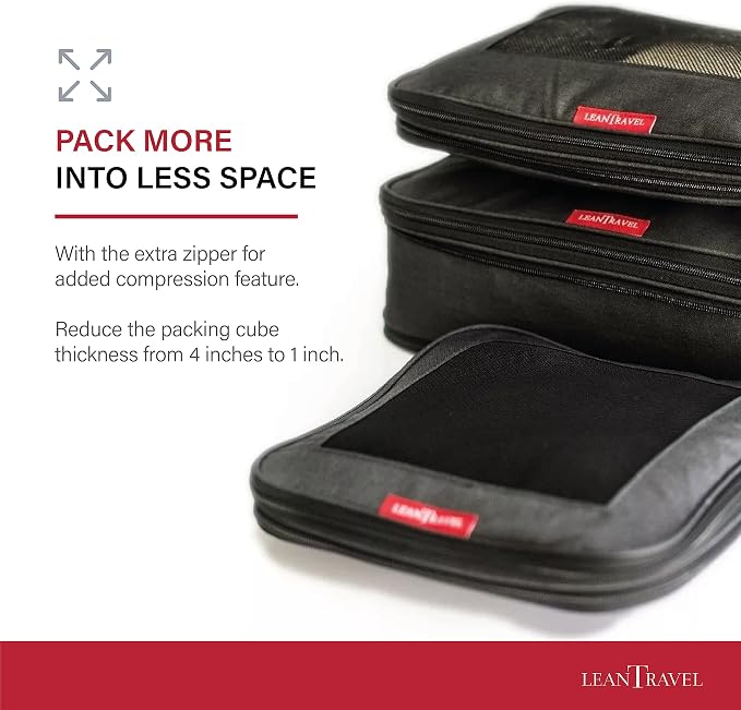 LeanTravel Premium Compression Packing Cubes for Travel - Suitcase Organizer Bags with Double Zipper & Breathable Mesh Panel - Space Saving Carry On Luggage Essentials (3-Pack, Black)