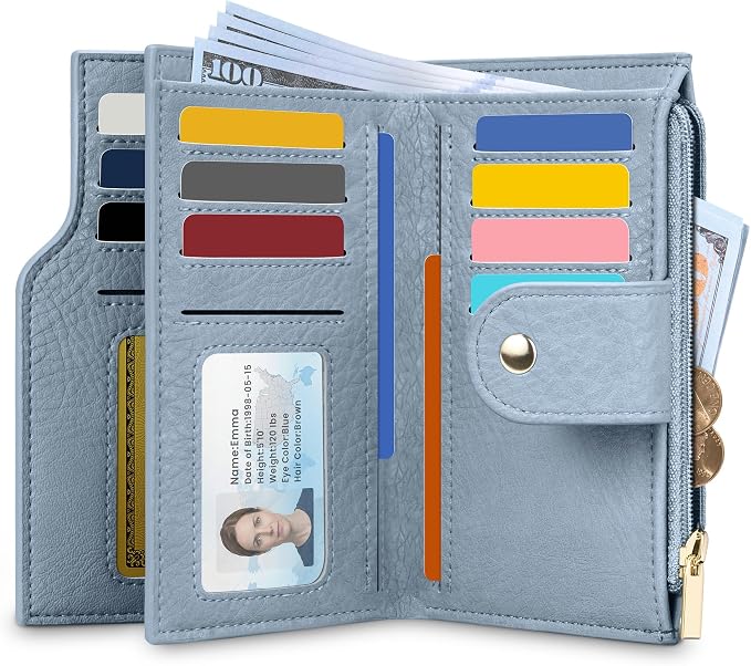 Airkit Small Women's Bifold Wallet, RFID Blocking Credit Card Holder with Zipper, Travel Cute Coin Pocket Wallet for Ladies, Blue