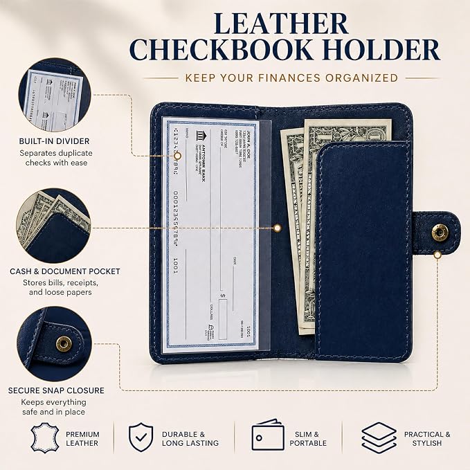 Genuine Blue Leather Checkbook Cover - Handmade Check Holder with Divider & ID Window, Slim Organizer Wallet for Business, Travel & Everyday Use, 3.5 x 7