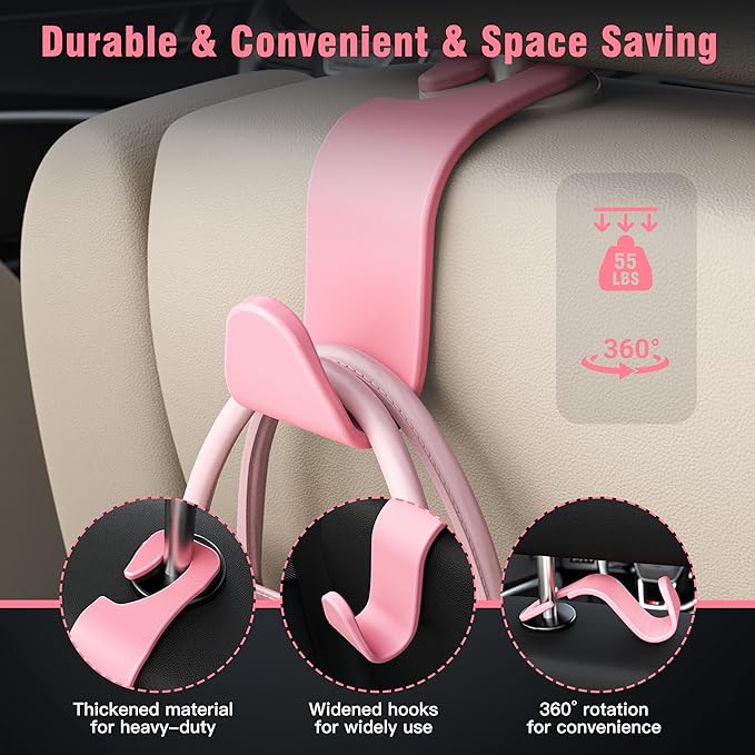 Amooca Universal Car Headrest Hooks, Car Organizer Hanger Storage Hooks for Bag Purse Cloth Grocery (Pink Set of 4)