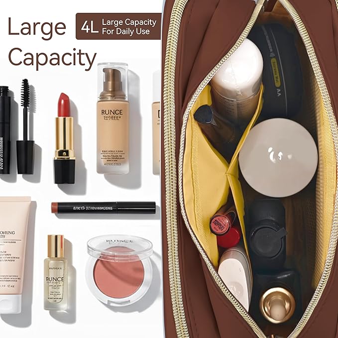 Travel Makeup Bag for Women, Large Capacity Waterproof Cosmetic Organizer with Divider & Handle, Portable Open Flat Toiletry Pouch for Travel Accessories (Brown)