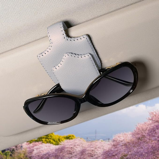 AMVOYOA Sunglass Holder for Car ，Hand Sewn Leather Sunglasses Clips for Car Visor ，Universal Car Magnetic Eyeglass Holder，Ticket Card Clip for Car Visor Accessories（Gray）